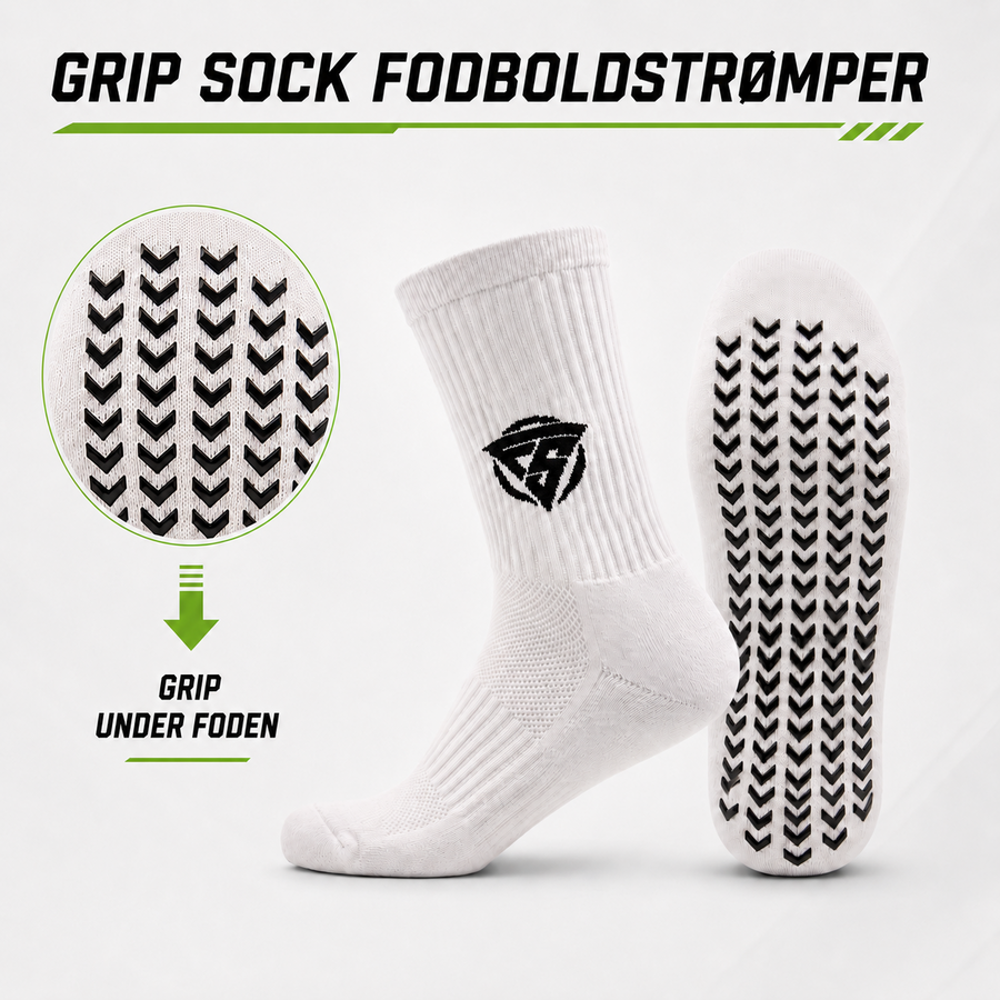 Freeplay Grip Socks Strømper LIGA V24 i Hvid - Str. 39-45 Disse Grip Socks LIGA V24 vil forbedre din hastighed samt maksimere din præstation når du skifter retning. Den skridsikre belægning på strømpen, giver dig mulighed for at udføre skarpe bevægelser uden at glide i skoen. Det åndbare materiale sikrer komfort under hele din træning eller kamp. Disse Grip Socks er fremstillet af holdbart bomulds materiale, der giver en ultra blød og behagelig fornemmelse under brug. Vask strømperne med vrangen ud og ved maks.30 grader. Brug så lav hastighed som muligt på centrifugen. Hæng sokkerne til tørre og INGEN tumbler. MAKSIMALT KOMFORT. Forbedre din sprint hastighed, boldkontrol og teknik til det maksimale. Undgå, at dine fødder glider i dit fodtøj. Reducer risikoen for ankel, knæ og hofteskader på grund af øget stabilitet. Sig farvel til vabler én gang for alle. Indeholder et par strømper som passer til alle fødder i størrelser fra 39 til 45 i en strømpe.