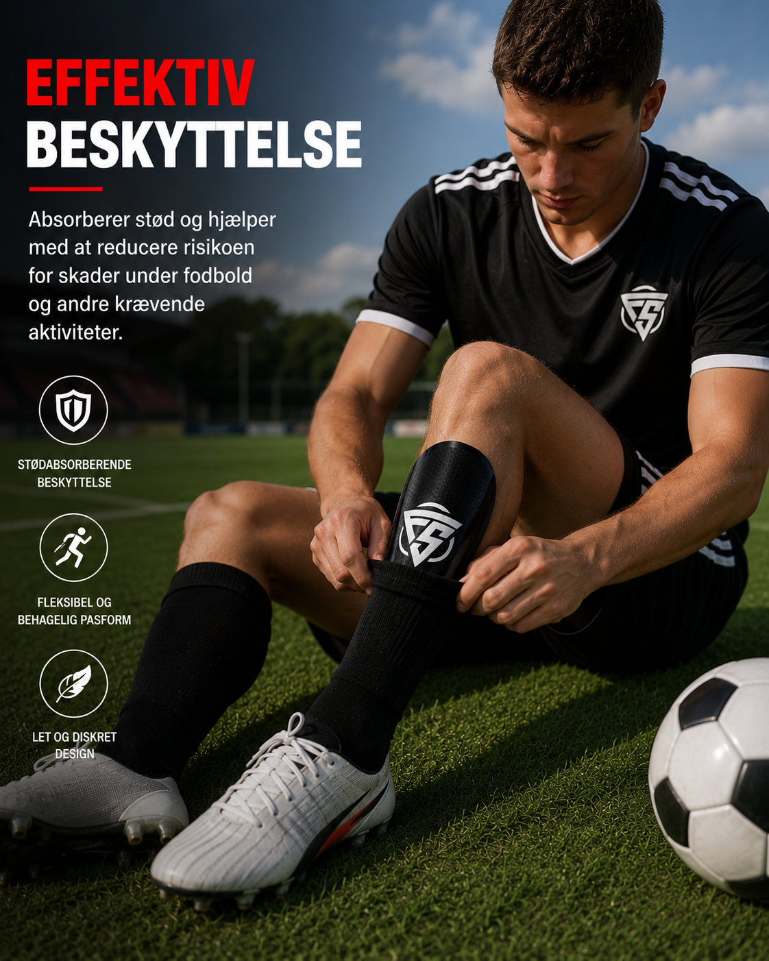 Freeplay Sport benskinner i sort. Danmarks bedste benskinne til fodbold