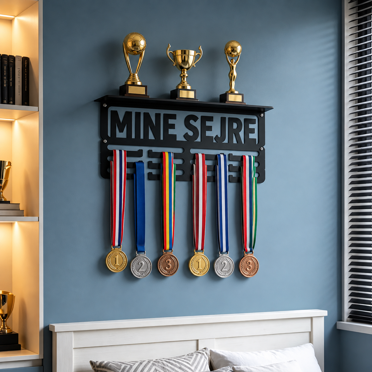 Medaljeholder i stål med hylde til pokaler - Mine Sejre - Billede 3