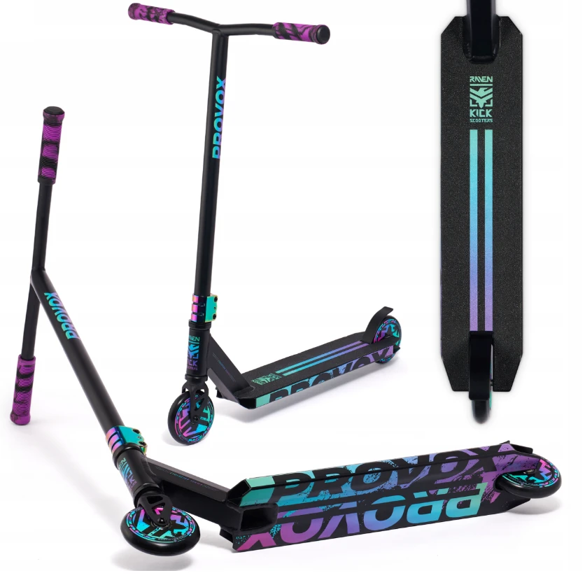 Trick Løbehjul Raven Evolution PROVOX COLOR 110 mm PROVOX er et stærkt og let trick løbehjul, der er udviklet til både rampekørsel, tricks og stunts. Med en kombination af høj kvalitet, lav vægt og gennemtænkte komponenter får du et løbehjul, der er bygget til at levere stabilitet og kontrol, når der skal hoppes, landes og køres tricks. Løbehjulet er udstyret med HIC-kompression, som giver en solid og stabil konstruktion. De 110 mm hjul gør det nemmere at opbygge fart, samtidig med at den lave vægt på blot 3,45 kg gør PROVOX let at håndtere og velegnet til jumps og tricks. Med en styrhøjde på 84 cm fra jorden og en anbefalet brugshøjde på ca. 120–180 cm er løbehjulet velegnet til en bred målgruppe. PROVOX er certificeret efter EN 14619 og er godkendt til brugere med en vægt på 20–100 kg.