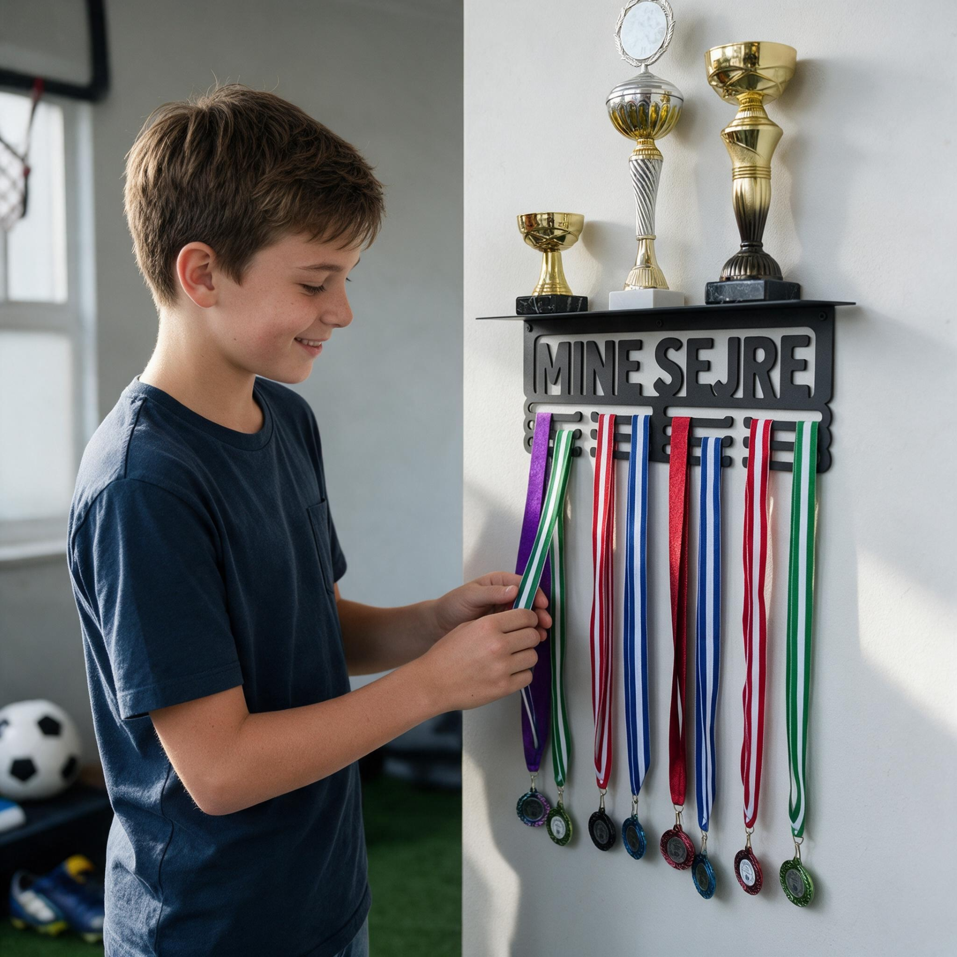 Medaljeholder i stål med hylde til pokaler - Mine Sejre Giv de stolte øjeblikke en plads på væggen med denne smarte medaljeholder med teksten “Mine Sejre” så alle dine medaljer og pokaler stå fremme og minde om gode oplevelser, hård træning og personlige sejre. Holderen har 12 kroge til medaljebånd samt en hylde til pokaler. Pokal og medaljeholderen er oplagt til børn og unge samt voksne, der elsker sport og deres sejre – uanset om det er fodbold, svømning, gymnastik eller noget helt andet. Medaljerne hænges på rækkerne under teksten, mens hylden giver plads til pokaler og små sportsfigurer. Holderen måler L40 x H15 x D14 cm. Det enkle sorte design passer ind på de fleste børne og ungdomsværelser og skaber orden i præmierne. En fin gave til en sportsudøver, der fortjener at vise sine præstationer frem. NEM OG SIKKER MONTERING Begynd med at samle medaljeholderen og trofæbakken ved hjælp af de medfølgende korte skruer. Markér herefter borehullerne på væggen ud fra hullerne på hver side af medaljeholderen. Bor hullerne, og monter derefter holderen ved hjælp af ekspansionsskruer, nylonafstandsstykker og metalskruer. Bemærk: Nylonafstandsstykkerne monteres på bagsiden mellem medaljeholderen og væggen. De sikrer den nødvendige afstand til væggen, hvilket giver bedre plads og nem adgang til medaljerne. Holderen er fremstillet for af Freeplay Sport og i dansk design.